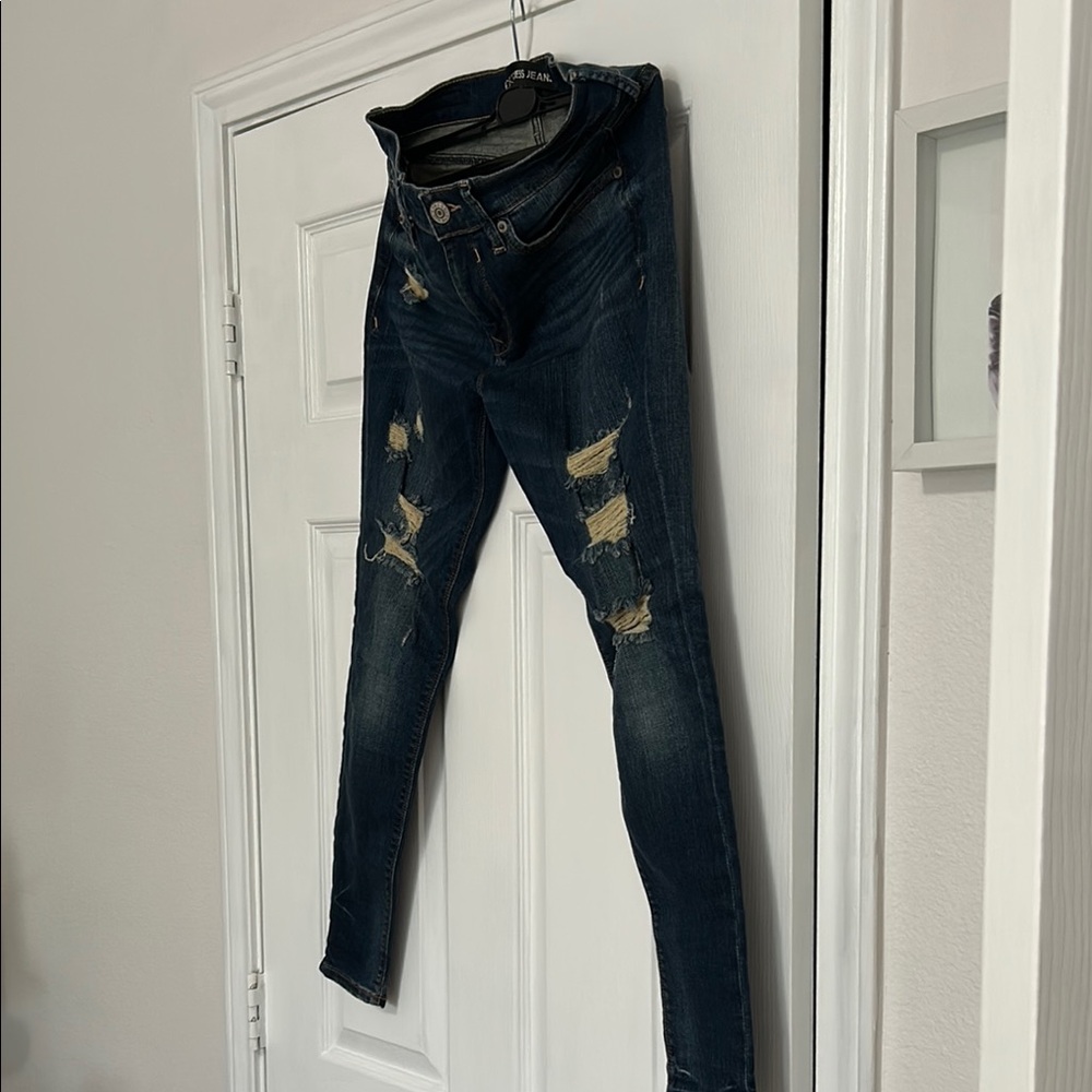 Express Blue Skinny Jeans with Distressed Details